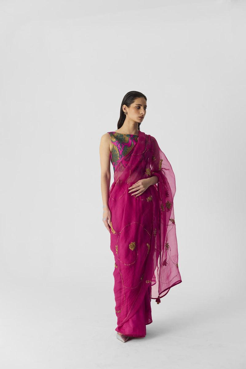 PINK EMBROIDERED SAREE organza by Yam in pink color for women in Singapore