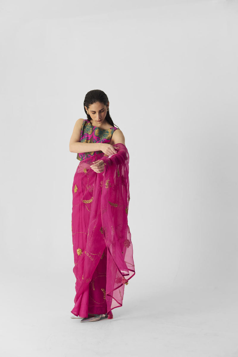 PINK EMBROIDERED SAREE organza by Yam in pink color for women in Singapore