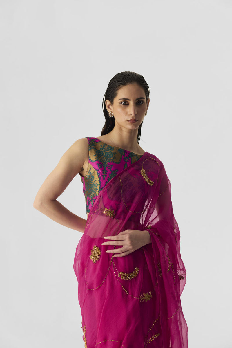 PINK EMBROIDERED SAREE organza by Yam in pink color for women in Singapore