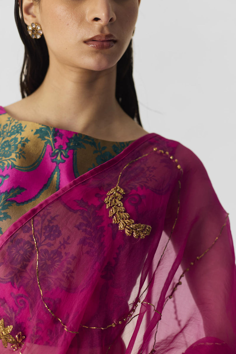 PINK EMBROIDERED SAREE organza by Yam in pink color for women in Singapore