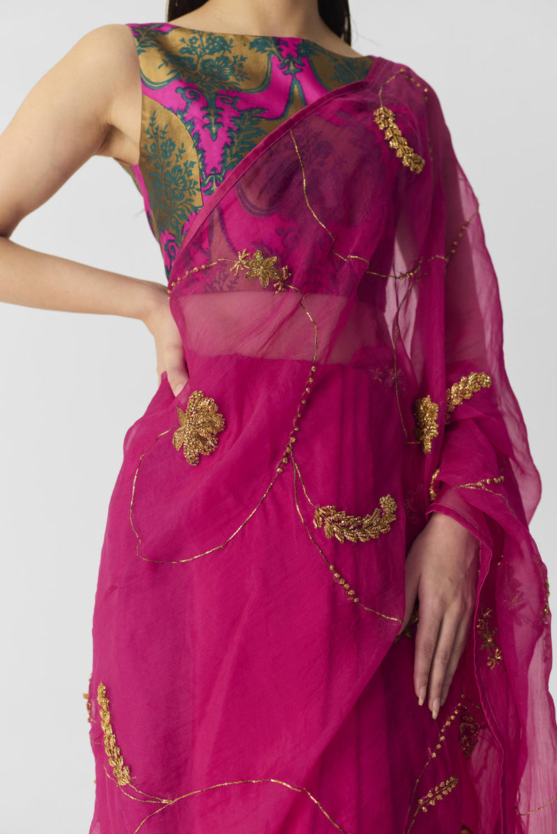 PINK EMBROIDERED SAREE organza by Yam in pink color for women in Singapore