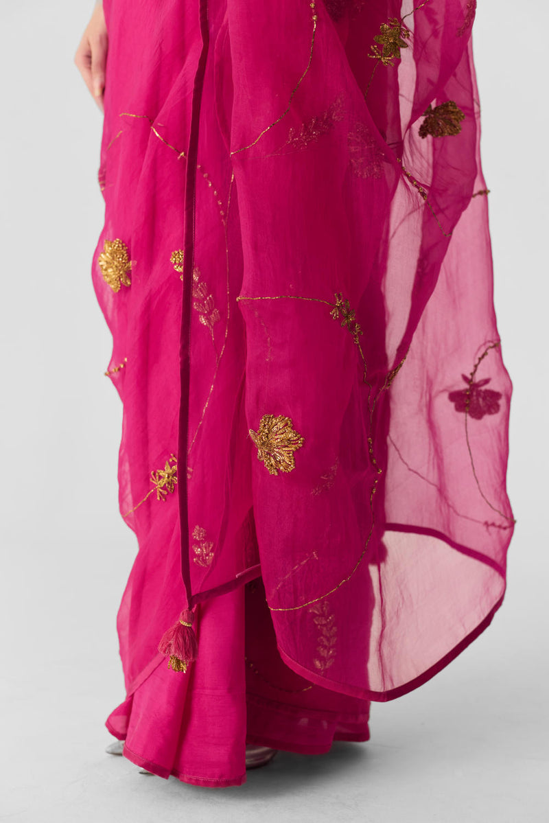 PINK EMBROIDERED SAREE organza by Yam in pink color for women in Singapore