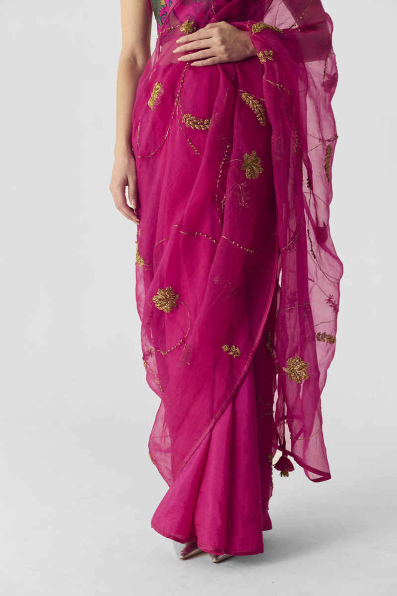 PINK EMBROIDERED SAREE organza by Yam in pink color for women in Singapore