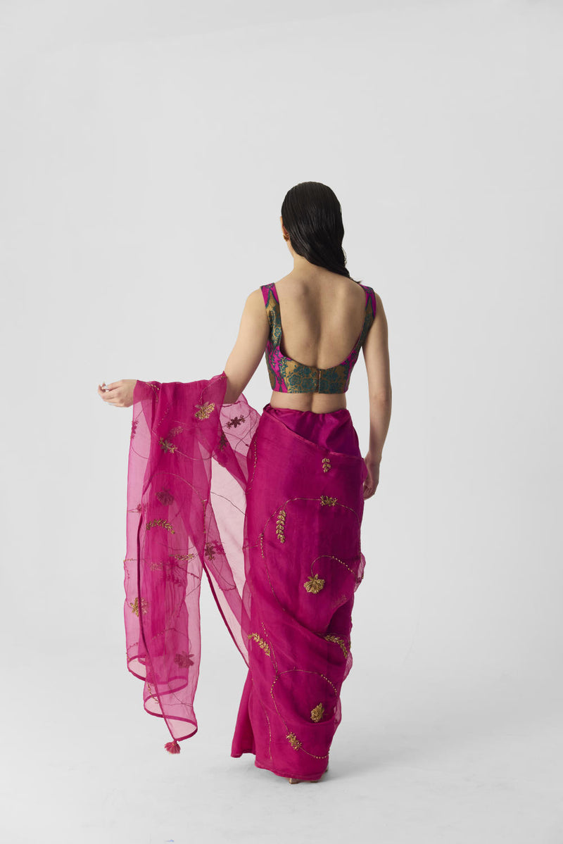 PINK EMBROIDERED SAREE organza by Yam in pink color for women in Singapore