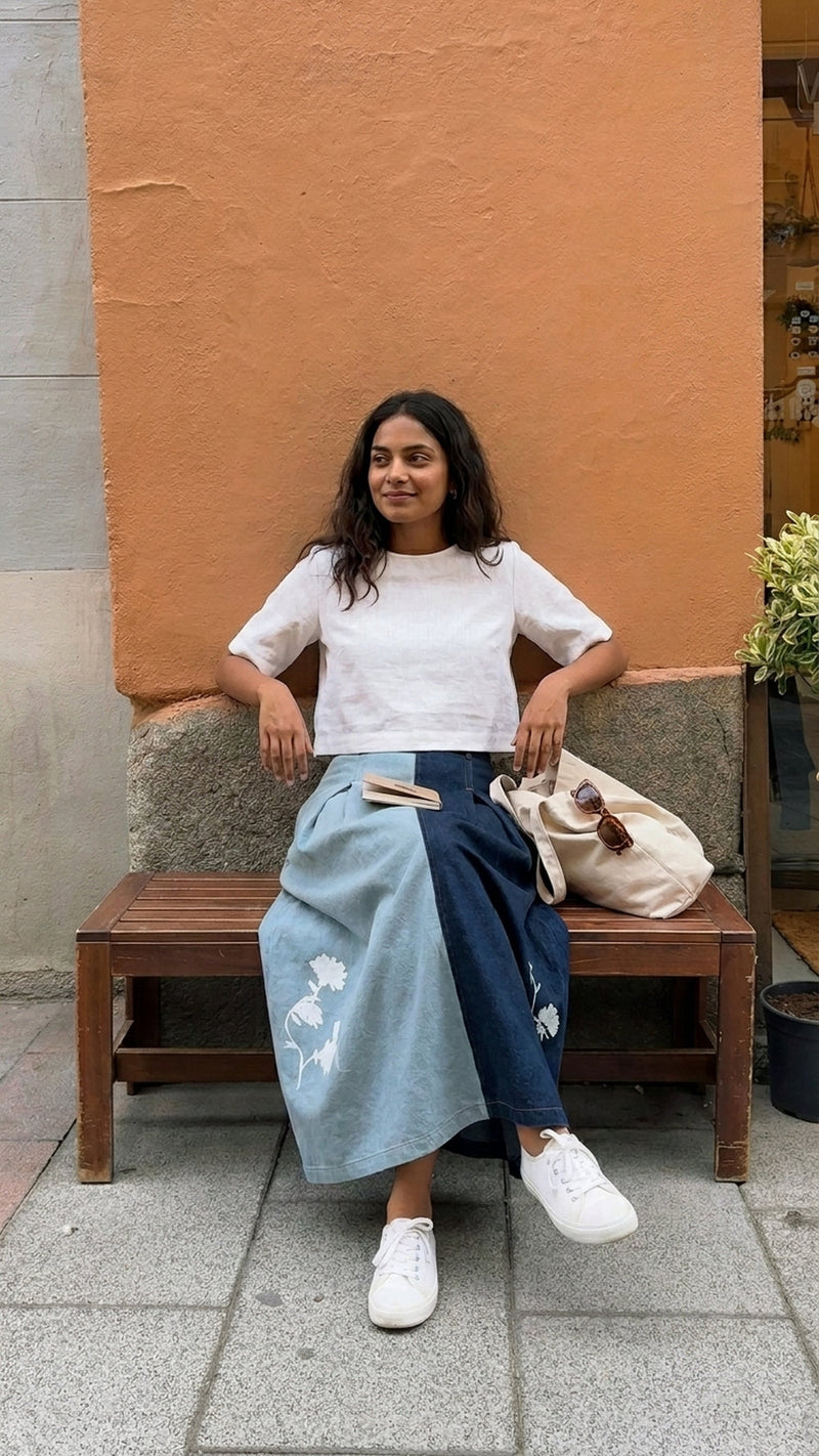 Judy Denim Panelled Skirt denim skirt by Doodlage in blue for women in Singapore