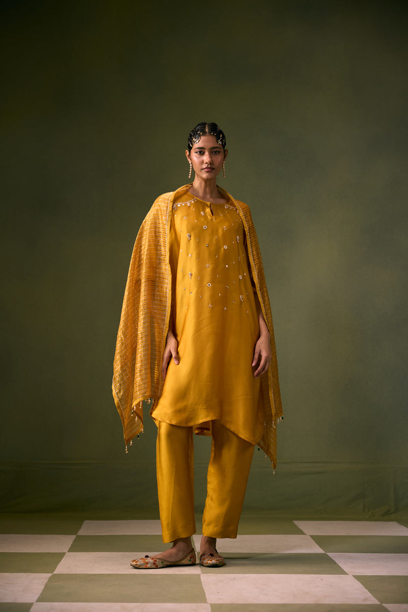 Acove Antifit Kurta Set vegan satin, organza satin kurta/kurta set by PRAHNAAYA in musturd yellow for women in Singapore
