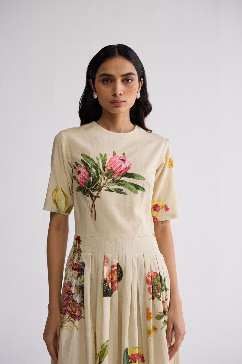 PRIMAVERA HALF PLEATED DRESS poplin dress by YAM in off white for women in Singapore