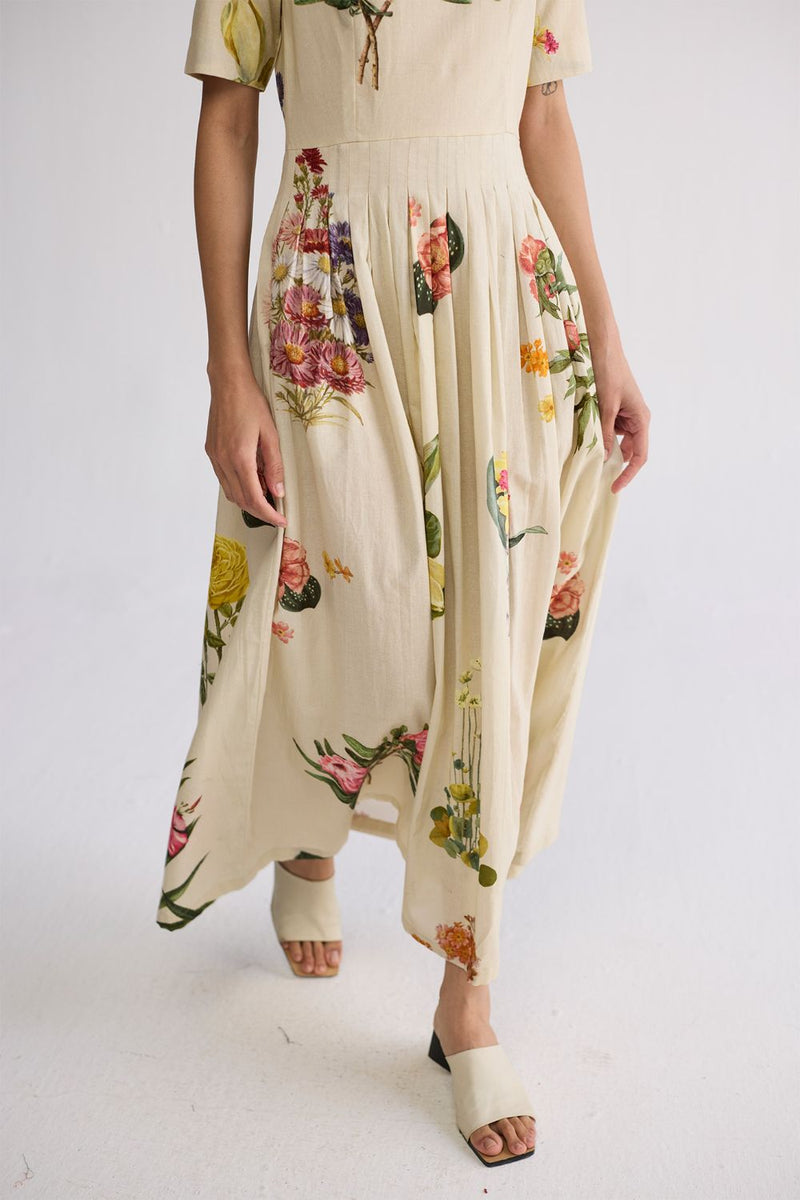 PRIMAVERA HALF PLEATED DRESS poplin dress by YAM in off white for women in Singapore