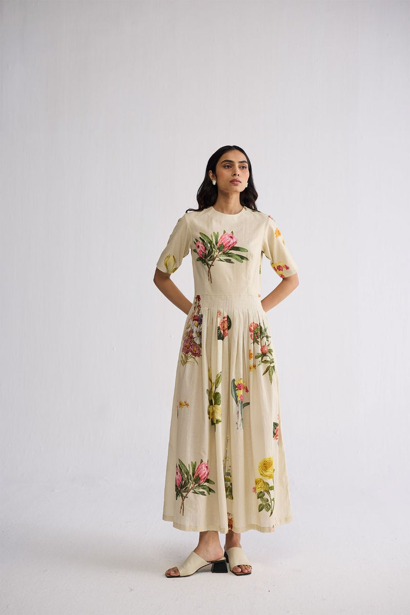 PRIMAVERA HALF PLEATED DRESS poplin dress by YAM in off white for women in Singapore