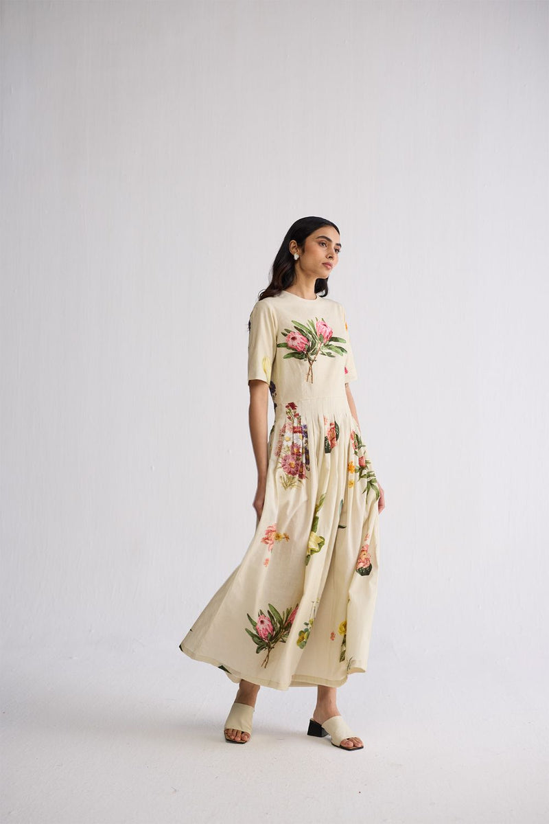 PRIMAVERA HALF PLEATED DRESS poplin dress by YAM in off white for women in Singapore