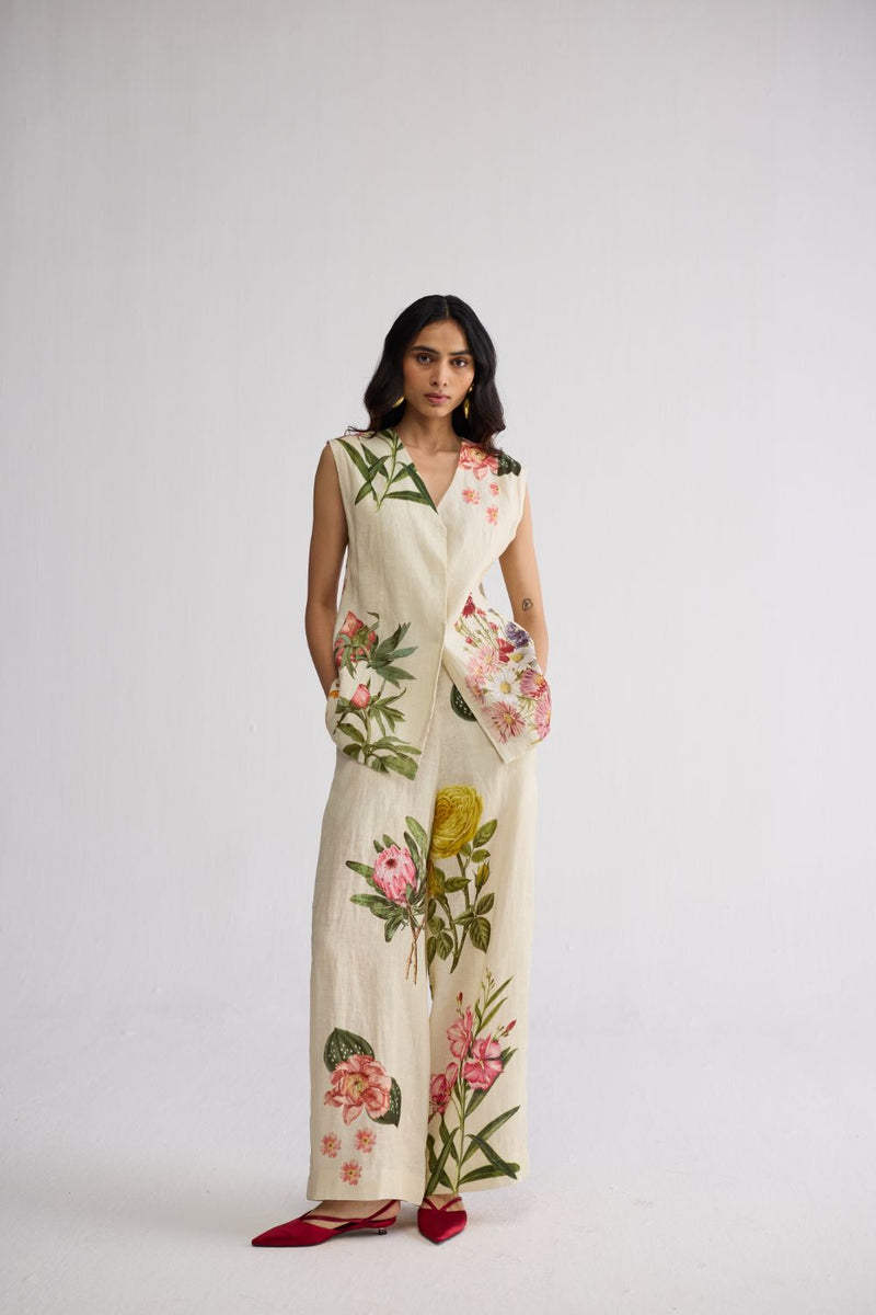 PRIMAVERA PANELLED WAISTCOAT & PANTS SET linen co-ord set by YAM in off white for women in Singapore