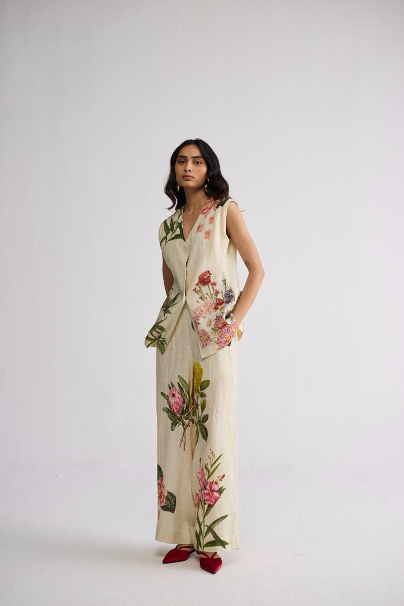 PRIMAVERA PANELLED WAISTCOAT & PANTS SET linen co-ord set by YAM in off white for women in Singapore