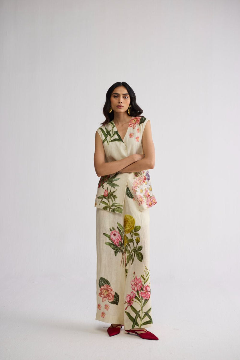 PRIMAVERA PANELLED WAISTCOAT & PANTS SET linen co-ord set by YAM in off white for women in Singapore