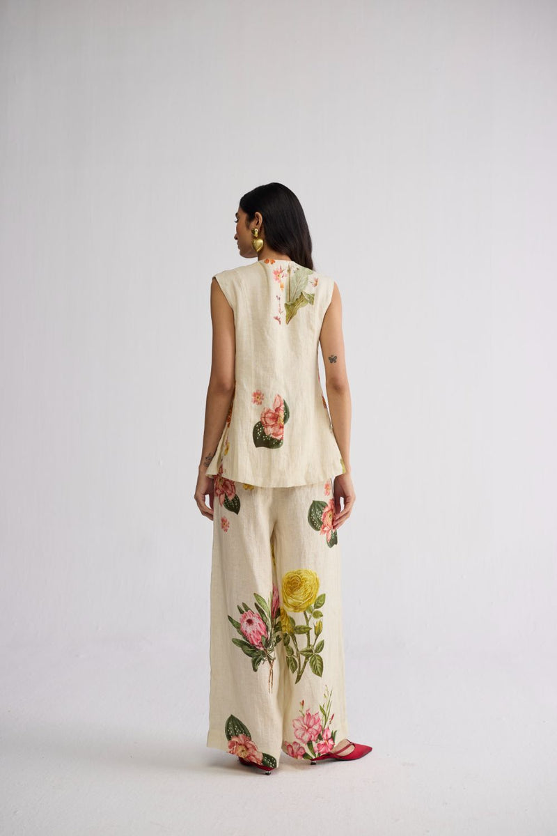 PRIMAVERA PANELLED WAISTCOAT & PANTS SET linen co-ord set by YAM in off white for women in Singapore