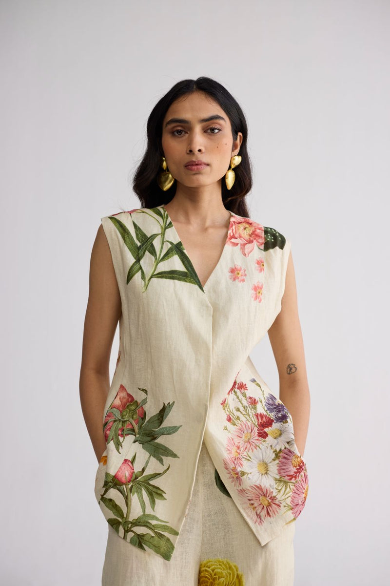 PRIMAVERA PANELLED WAISTCOAT & PANTS SET linen co-ord set by YAM in off white for women in Singapore