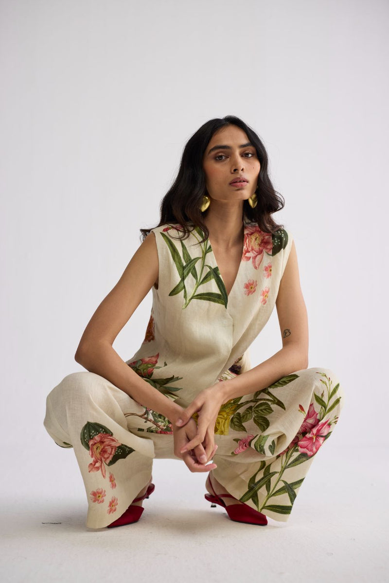 PRIMAVERA PANELLED WAISTCOAT & PANTS SET linen co-ord set by YAM in off white for women in Singapore