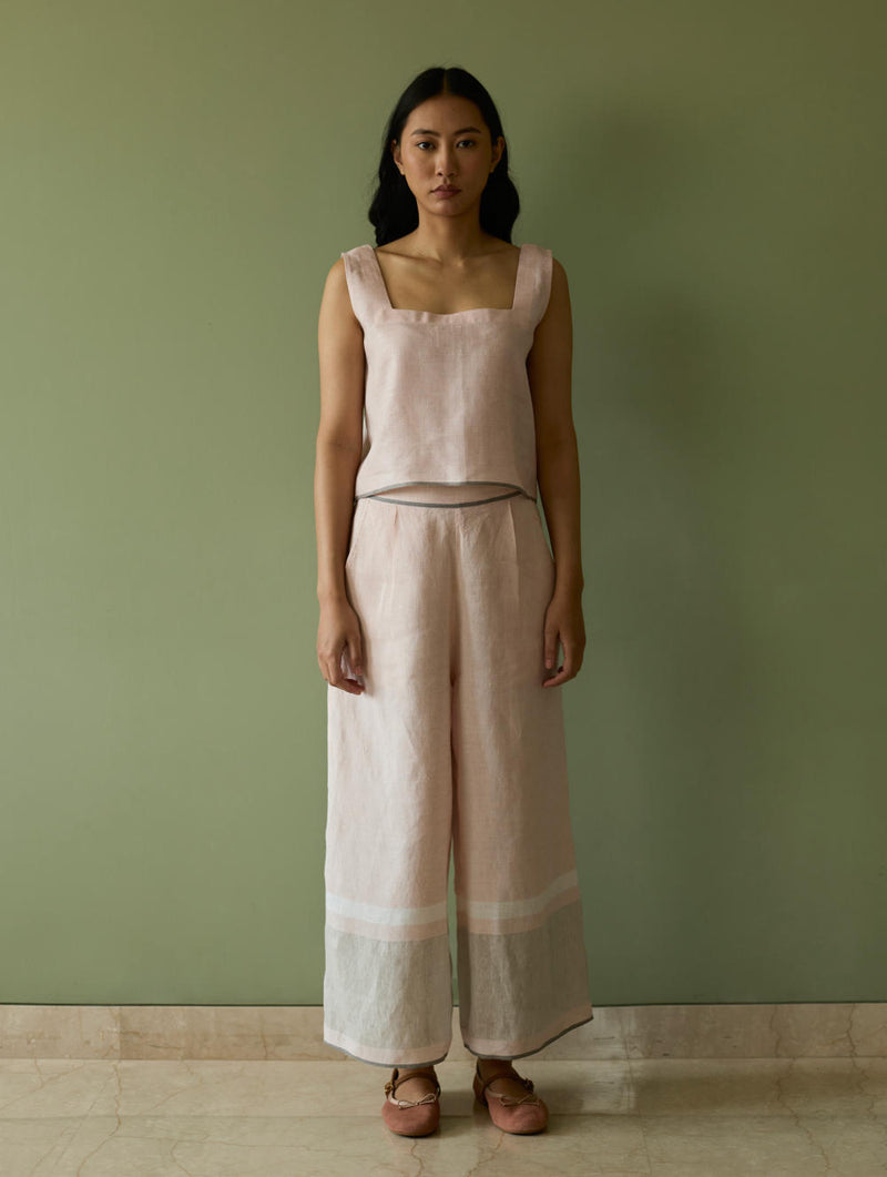 Della Border Linen Culottes-Blush linen by Manan in blush color for women in Singapore