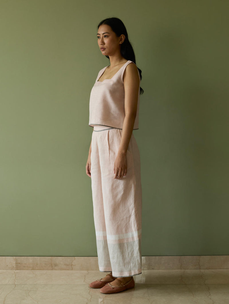 Della Border Linen Culottes-Blush linen by Manan in blush color for women in Singapore