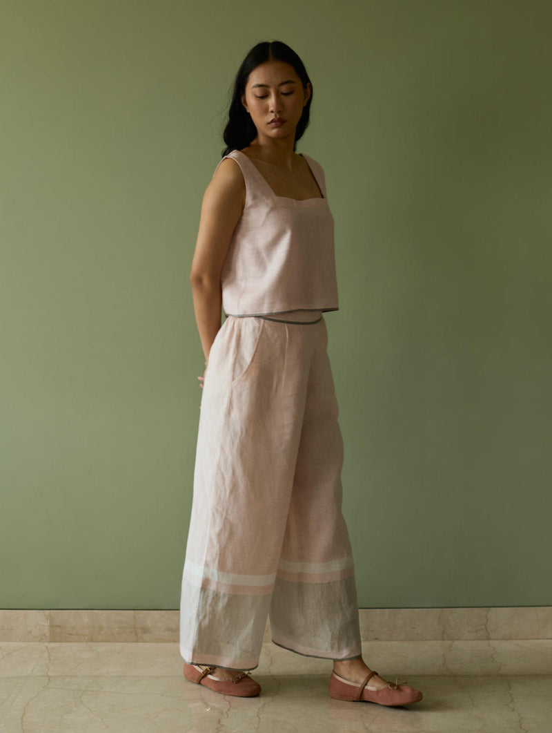 Della Border Linen Culottes-Blush linen by Manan in blush color for women in Singapore