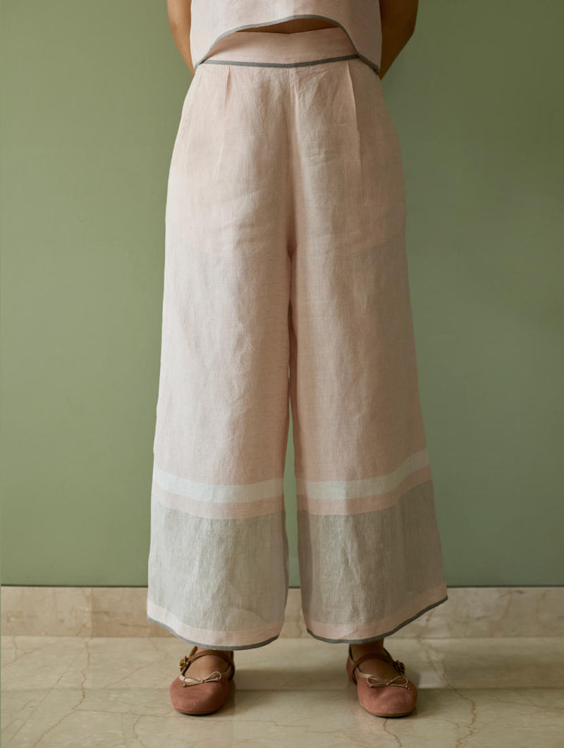 Della Border Linen Culottes-Blush linen by Manan in blush color for women in Singapore