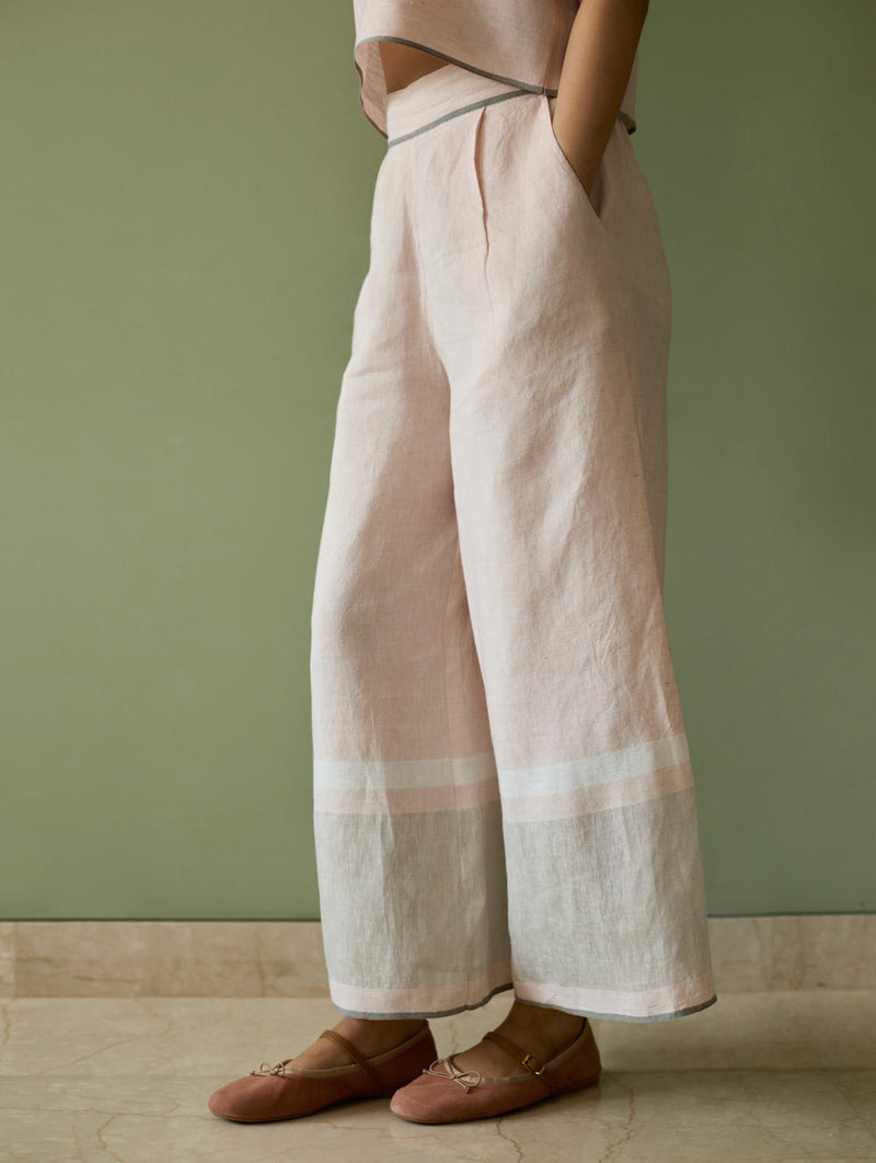 Della Border Linen Culottes-Blush linen by Manan in blush color for women in Singapore