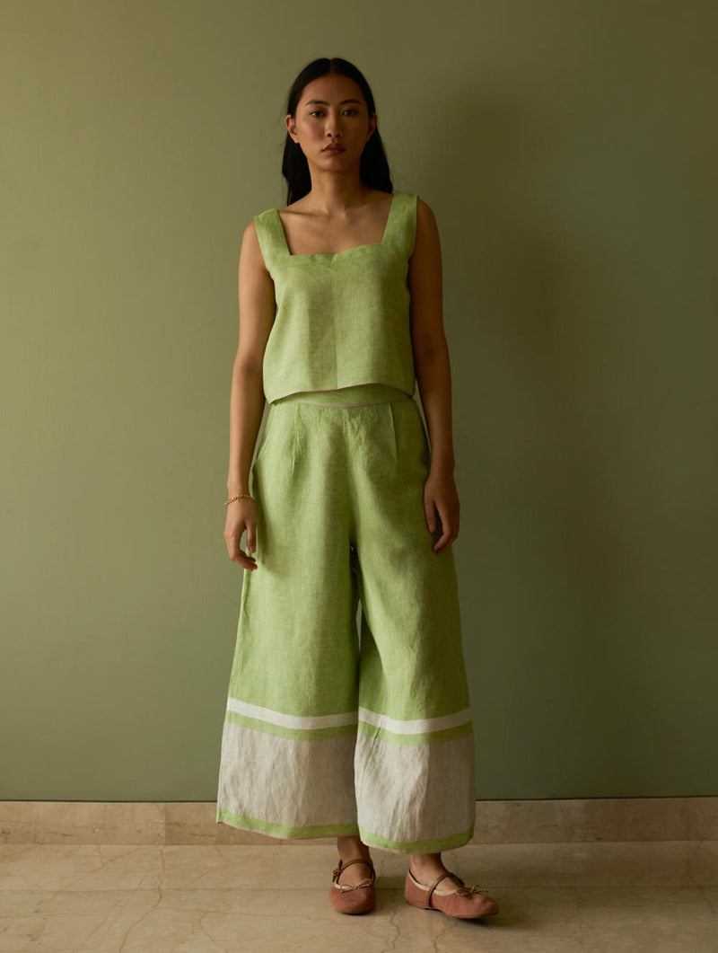 Della Border Linen Culottes-Meadow linen by Manan in green color for women in Singapore