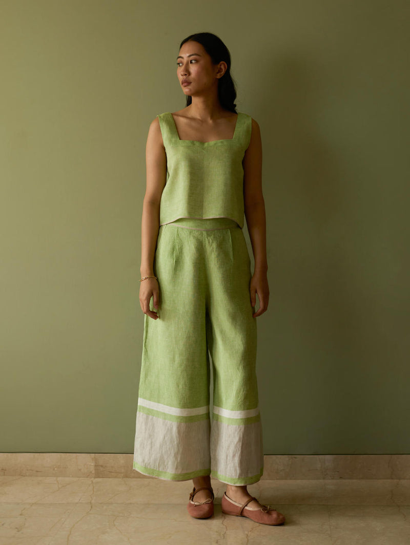 Della Border Linen Culottes-Meadow linen by Manan in green color for women in Singapore