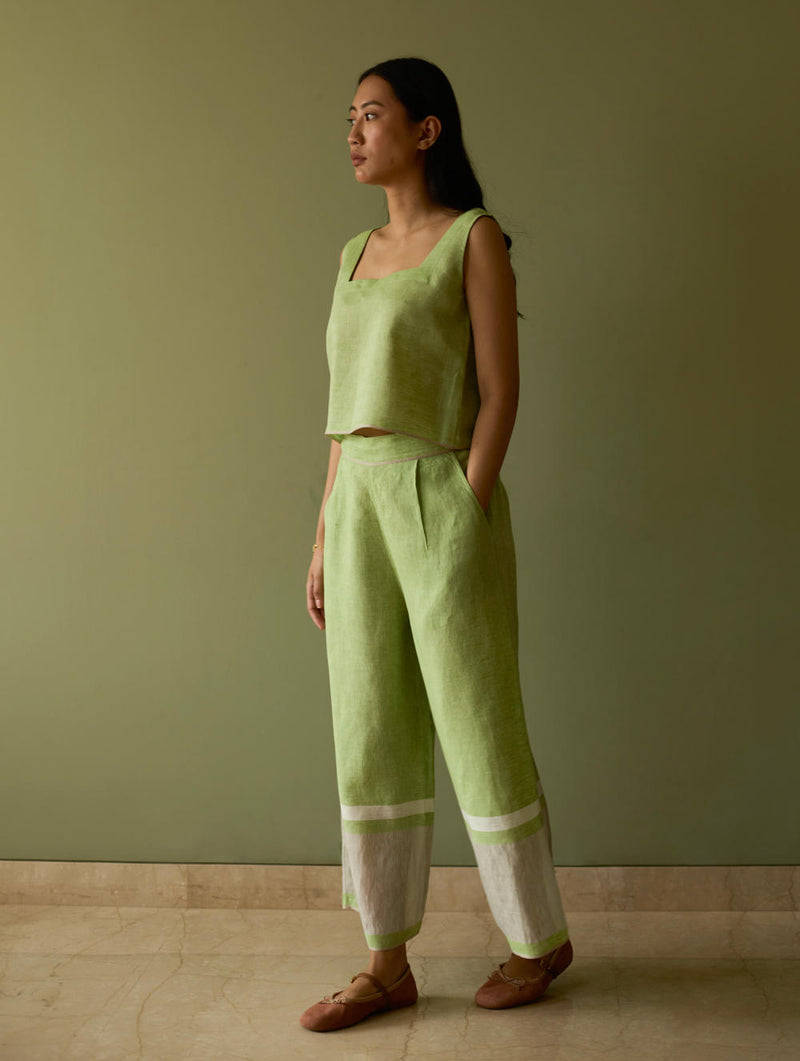 Della Border Linen Culottes-Meadow linen by Manan in green color for women in Singapore