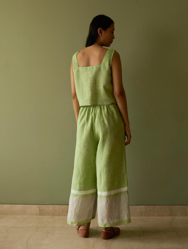 Della Border Linen Culottes-Meadow linen by Manan in green color for women in Singapore