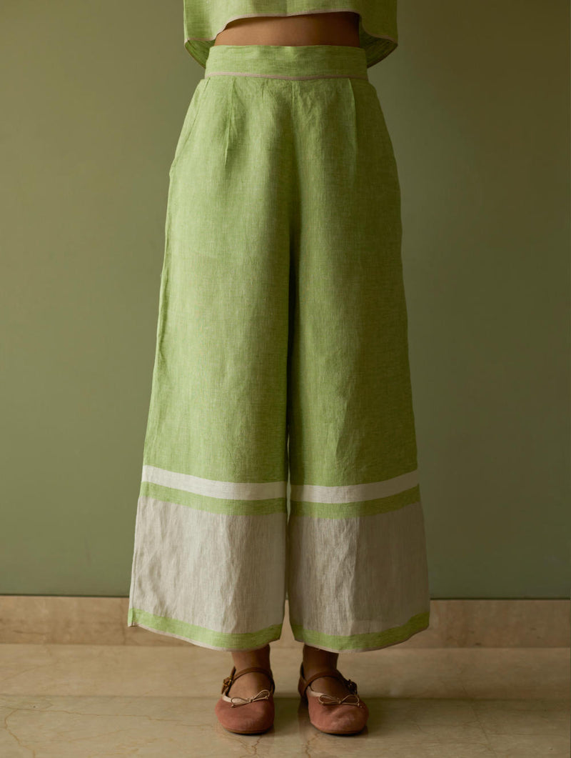 Della Border Linen Culottes-Meadow linen by Manan in green color for women in Singapore