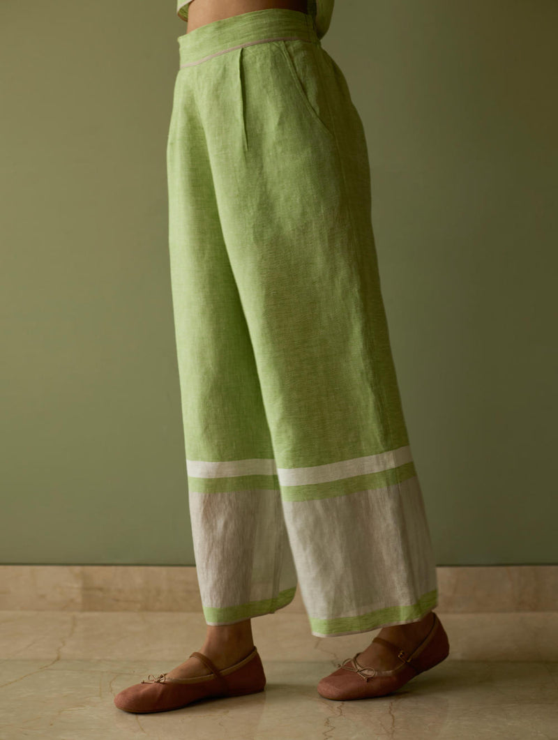 Della Border Linen Culottes-Meadow linen by Manan in green color for women in Singapore