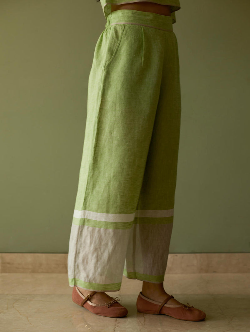 Della Border Linen Culottes-Meadow linen by Manan in green color for women in Singapore