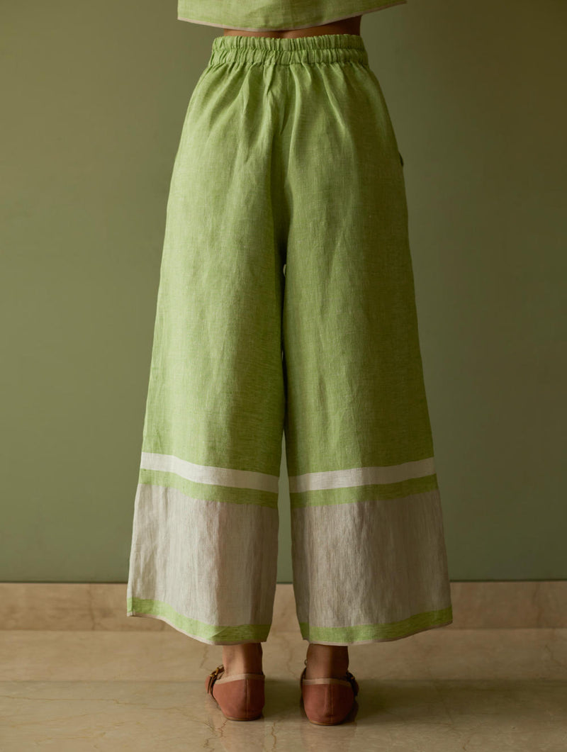 Della Border Linen Culottes-Meadow linen by Manan in green color for women in Singapore