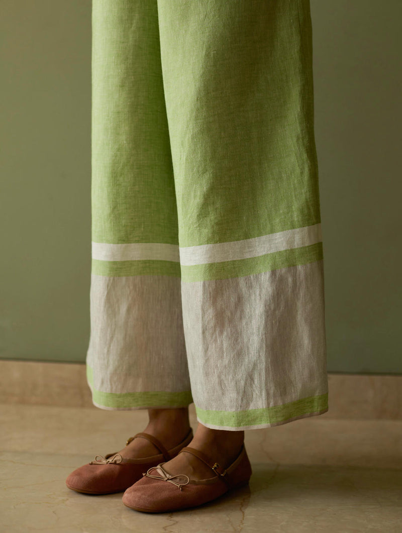 Della Border Linen Culottes-Meadow linen by Manan in green color for women in Singapore