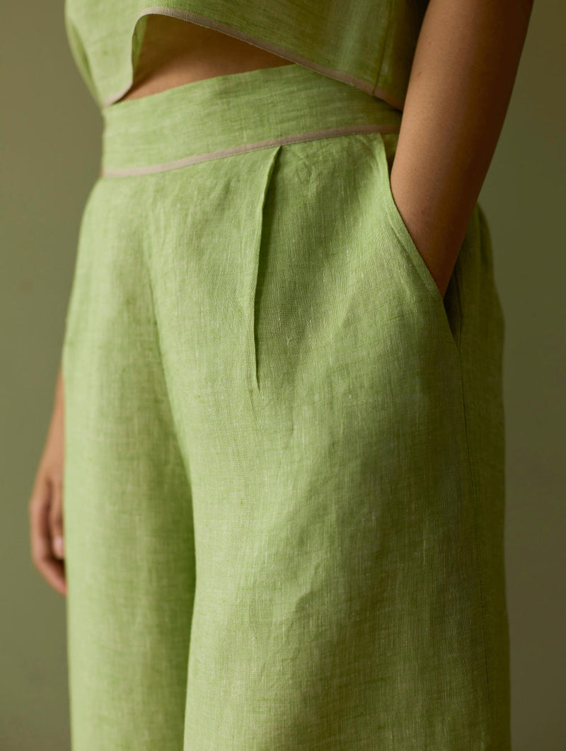 Della Border Linen Culottes-Meadow linen by Manan in green color for women in Singapore