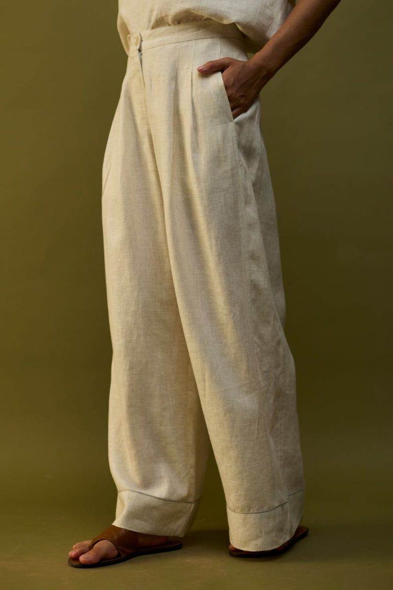 Mekko Pleated Linen Trousers - Off White by Manan for in Singapore