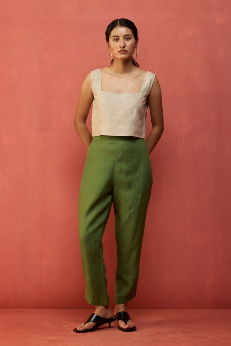 Ikis Overlapping Hem Linen Pants - Fern Green by Manan for in Singapore