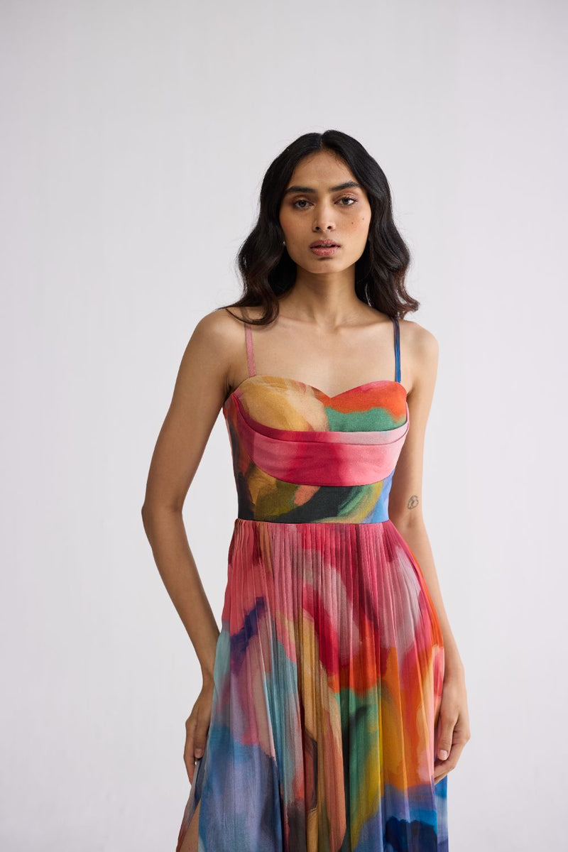RAINBOW GARDEN CREPE COWL BRALETTE DRESS crepe dress by YAM in multicolor for women in Singapore