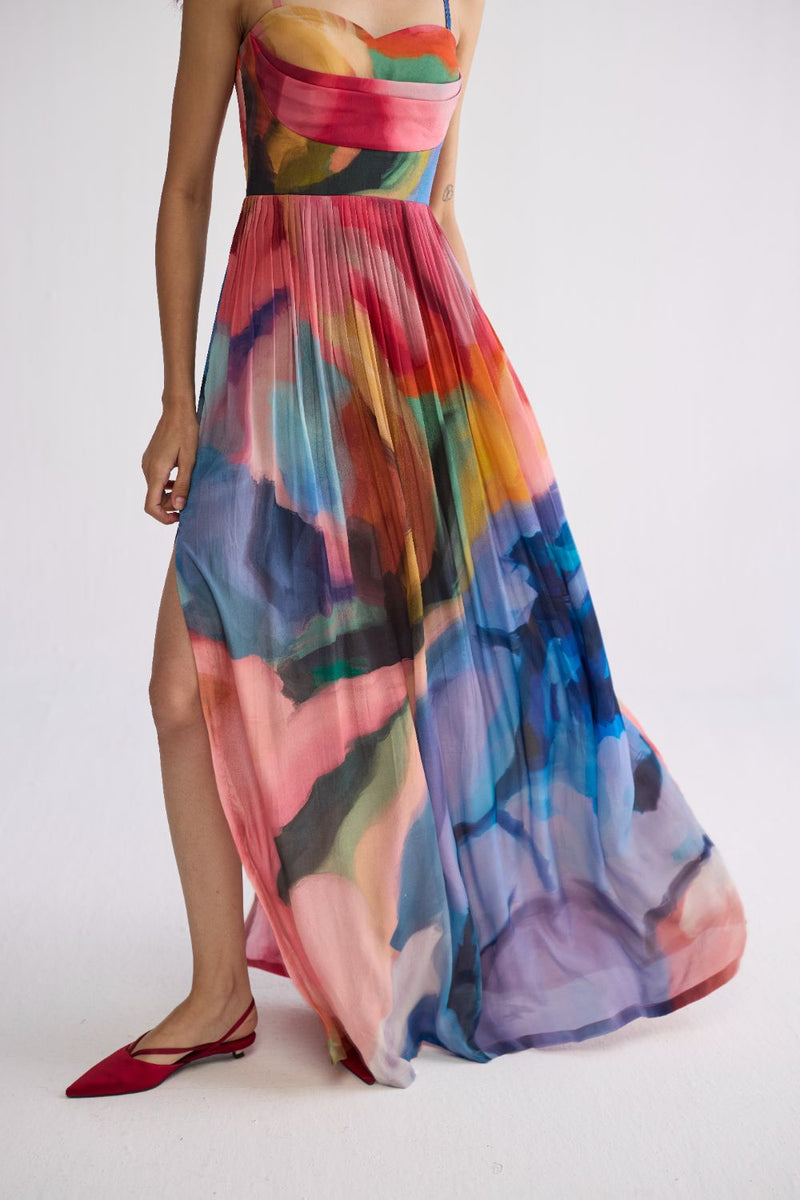 RAINBOW GARDEN CREPE COWL BRALETTE DRESS crepe dress by YAM in multicolor for women in Singapore