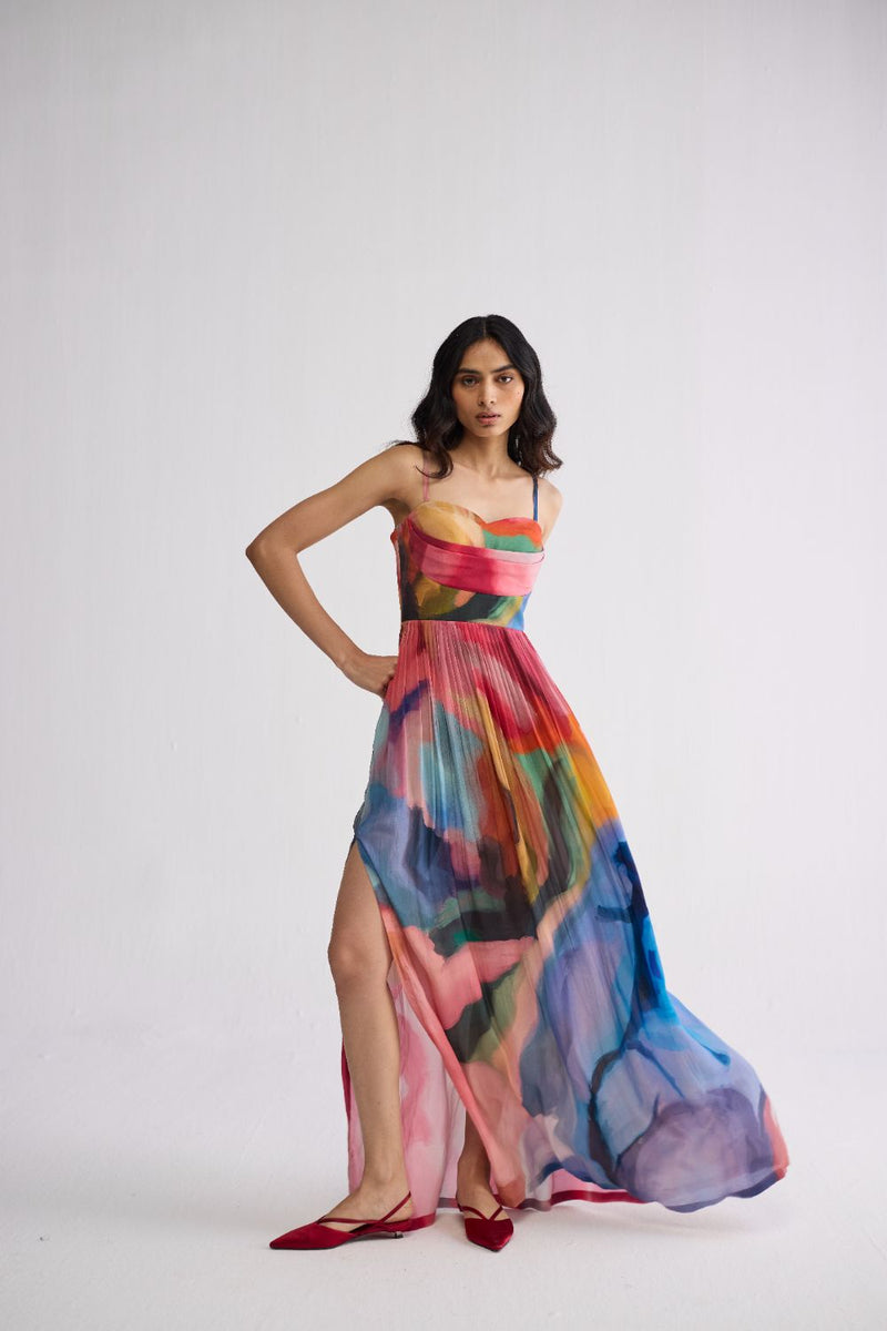 RAINBOW GARDEN CREPE COWL BRALETTE DRESS crepe dress by YAM in multicolor for women in Singapore