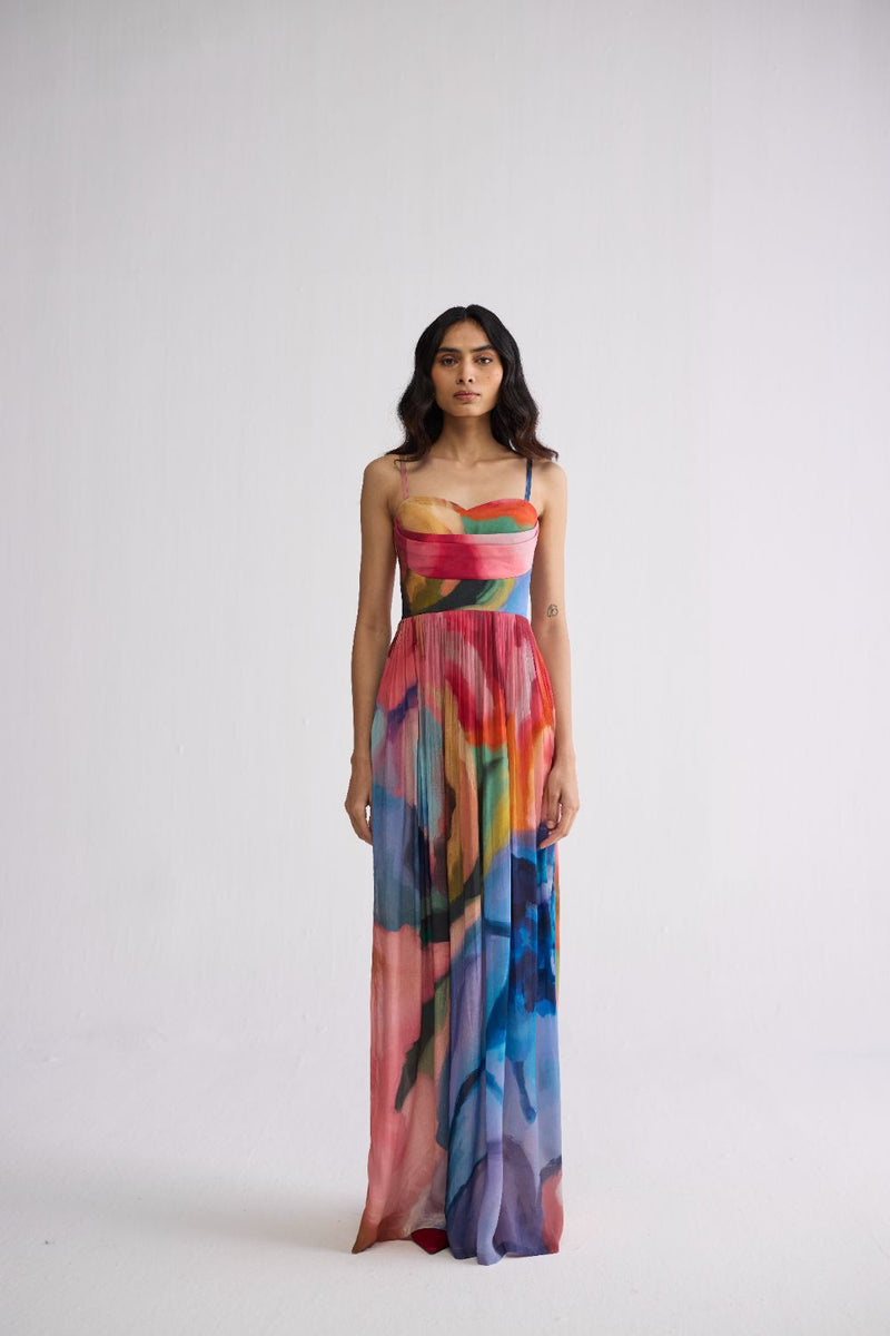 RAINBOW GARDEN CREPE COWL BRALETTE DRESS crepe dress by YAM in multicolor for women in Singapore