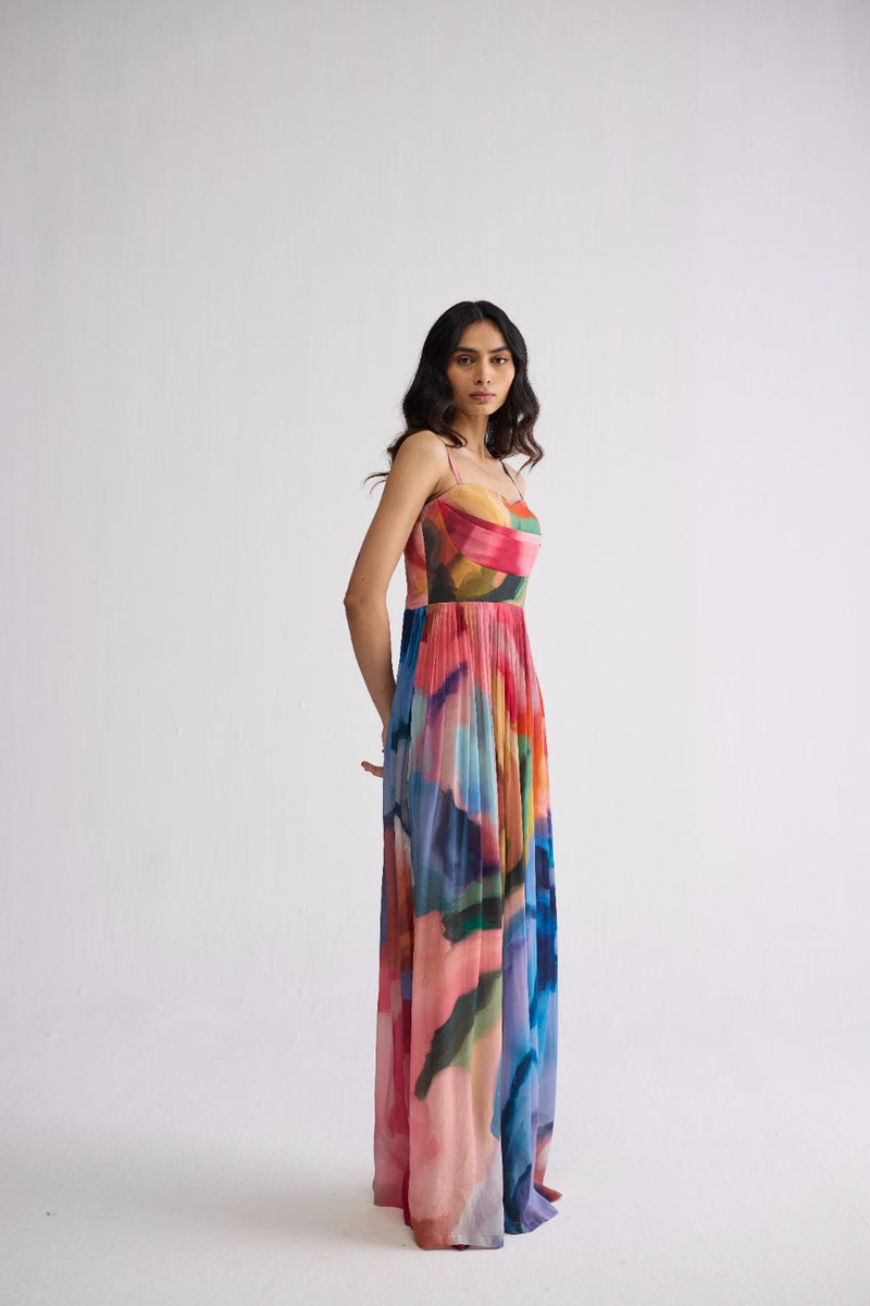 RAINBOW GARDEN CREPE COWL BRALETTE DRESS crepe dress by YAM in multicolor for women in Singapore