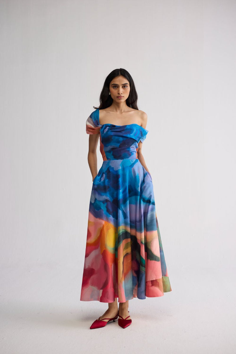 RAINBOW GARDEN DRAPED OFF SHOULDER DRESS cotton satin dress by YAM in multicolor for women in Singapore