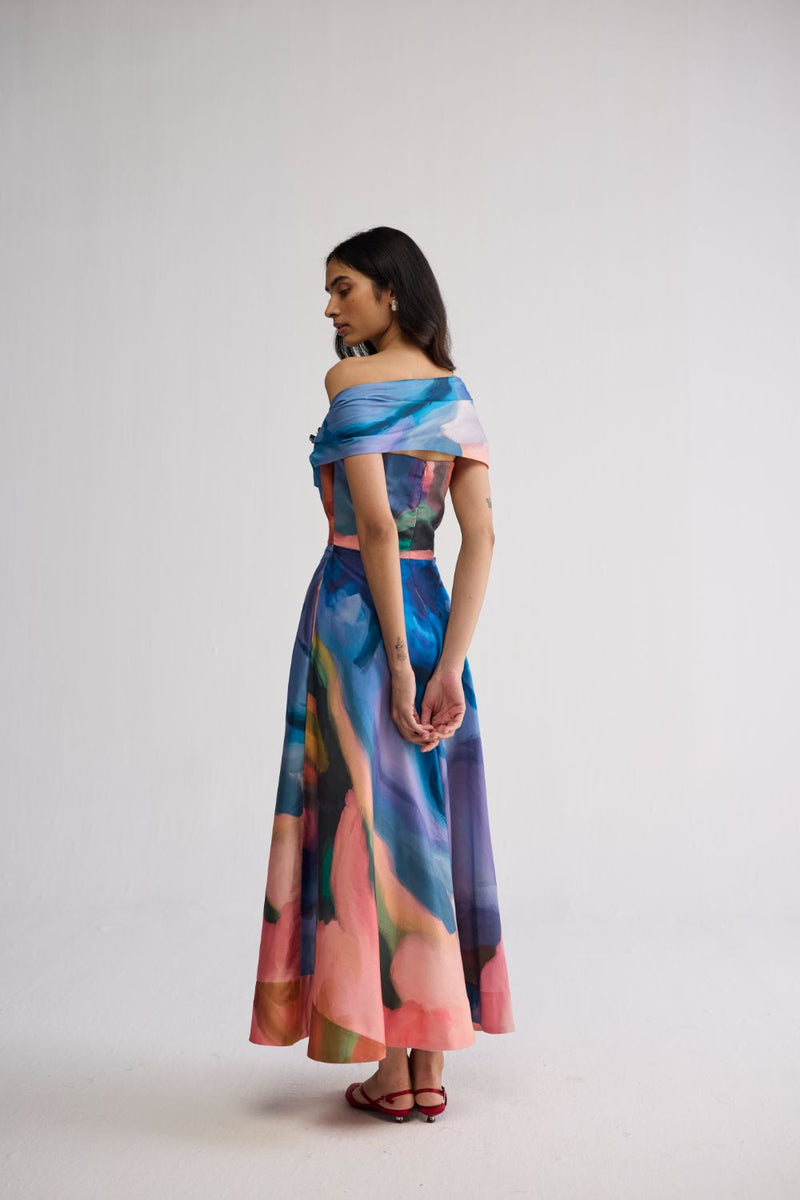 RAINBOW GARDEN DRAPED OFF SHOULDER DRESS cotton satin dress by YAM in multicolor for women in Singapore