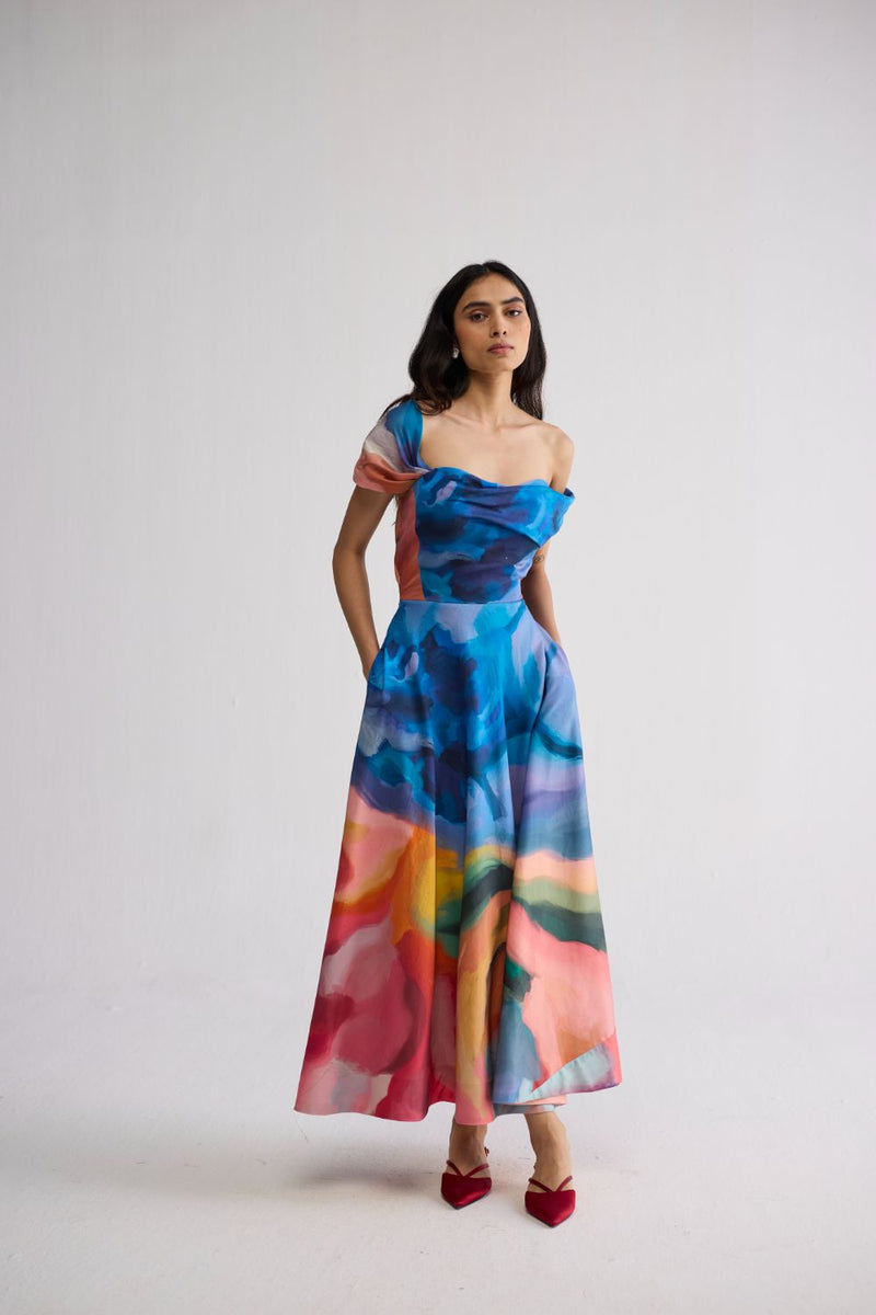 RAINBOW GARDEN DRAPED OFF SHOULDER DRESS cotton satin dress by YAM in multicolor for women in Singapore