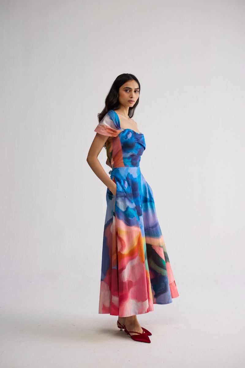 RAINBOW GARDEN DRAPED OFF SHOULDER DRESS cotton satin dress by YAM in multicolor for women in Singapore