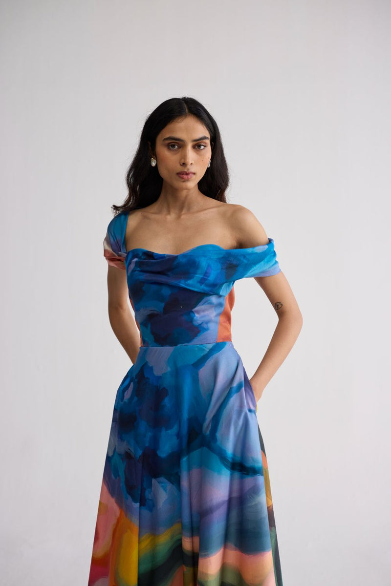 RAINBOW GARDEN DRAPED OFF SHOULDER DRESS cotton satin dress by YAM in multicolor for women in Singapore