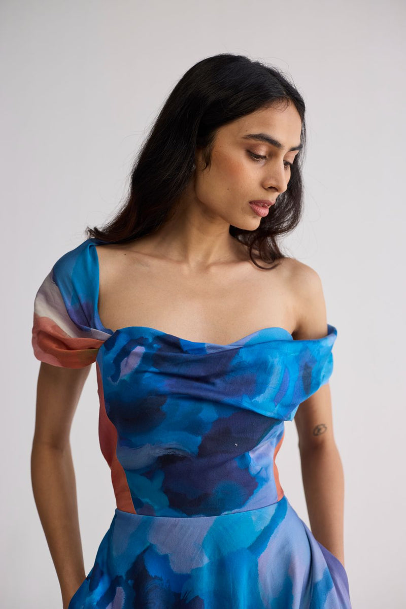 RAINBOW GARDEN DRAPED OFF SHOULDER DRESS cotton satin dress by YAM in multicolor for women in Singapore
