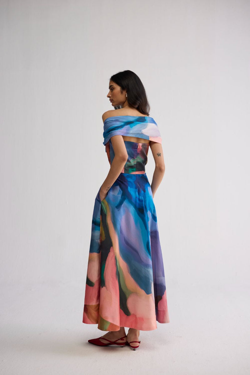 RAINBOW GARDEN DRAPED OFF SHOULDER DRESS cotton satin dress by YAM in multicolor for women in Singapore