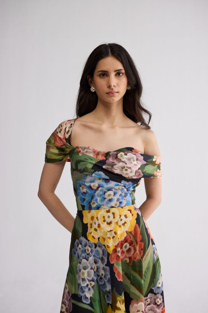 RAIN DRAPED OFF SHOULDER DRESS cotton satin dress by YAM in multicolor for women in Singapore